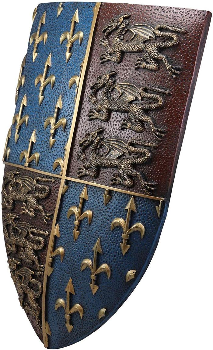 Ebros Gift Large Medieval Kingdom Knight Coat Of Arms Le Fleur Symbols And 3 Dragons Royal Shield Wall Decor Plaque In Maroon And Blue Colors 19" Tall Heraldry House Of Nobility Symbols