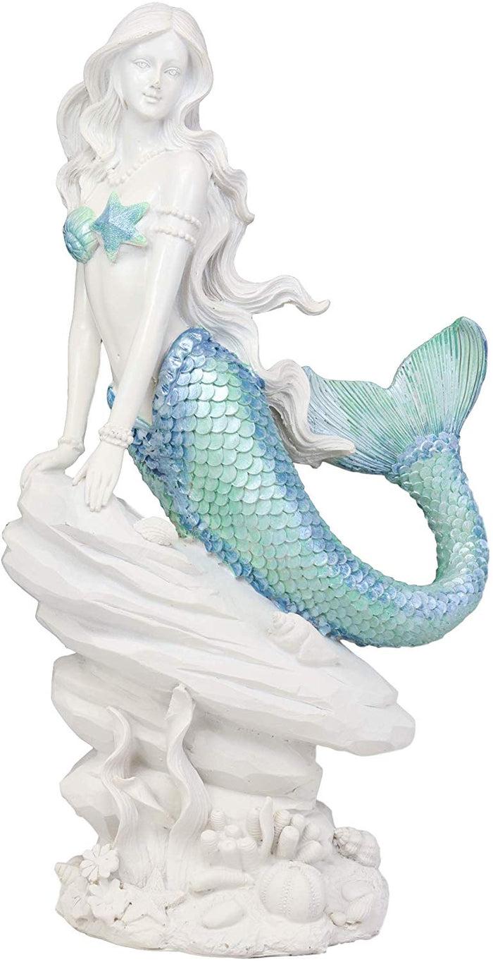Ebros Gift Large Nautical Capiz Blue Tailed Mermaid By White Coral Rocks Statue Ocean Aquamarine Princess As Coastal Beach Under The Sea Decorative Accent (Leaning On Rocks)
