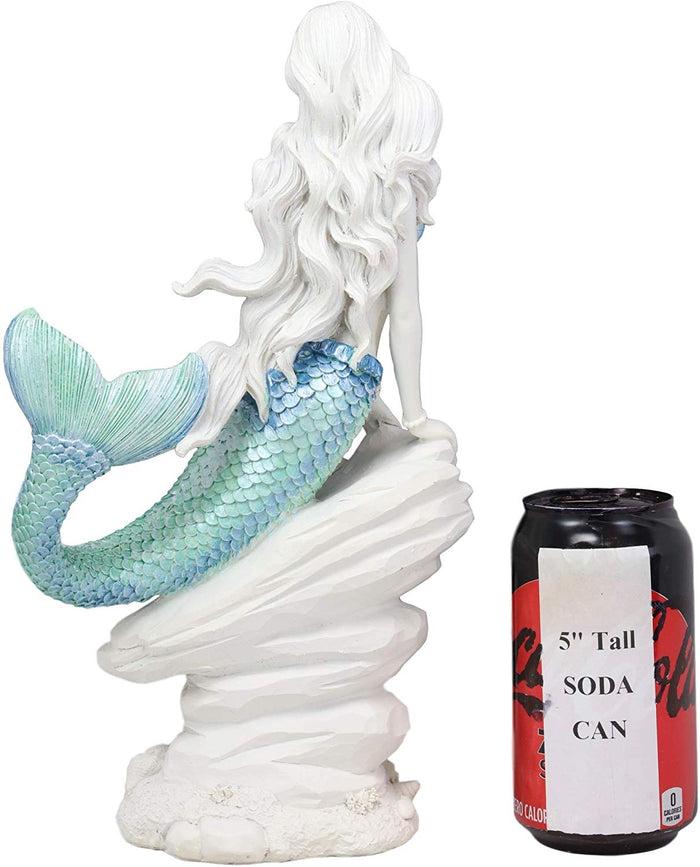 Ebros Gift Large Nautical Capiz Blue Tailed Mermaid By White Coral Rocks Statue Ocean Aquamarine Princess As Coastal Beach Under The Sea Decorative Accent (Leaning On Rocks)