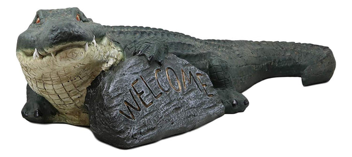 Ebros Gift Large Realistic Crocodile Holding Welcome Sign Rock Garden Greeter Accent Statue Lake Home Patio Pool Exotic Decor Of Alligators Crocodiles Caiman Gator Decorative Sculpture (29" Long)