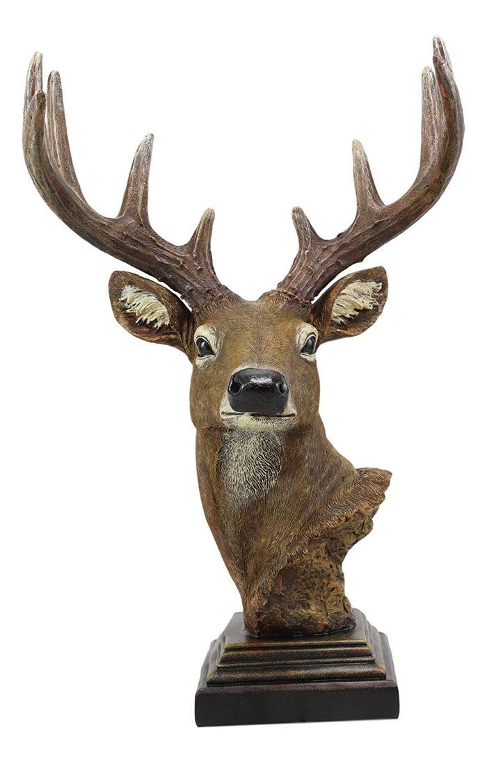 Ebros Gift Large Rustic Wild Forest Woodland 10 Point Emperor Buck Deer Bust Trophy Statue On Pedestal Base 14" Tall Red Stag Antlers Taxidermy Hunter Decor For Country Cabin Lodge Resort Figurine