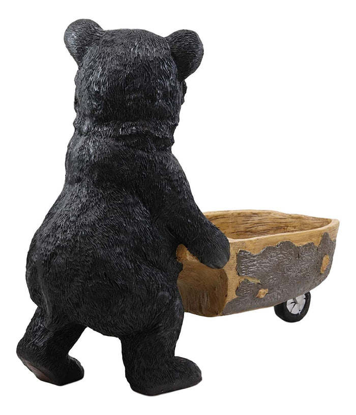 Ebros Gift Large Rustic Wildlife Black Bear Pushing Wheelbarrow Cart Flowers Or Plants Planter Statue 16.25" Long Decorative Bears Statue Cabin Lodge Mountain Lake Resort Gardening Accent Decor