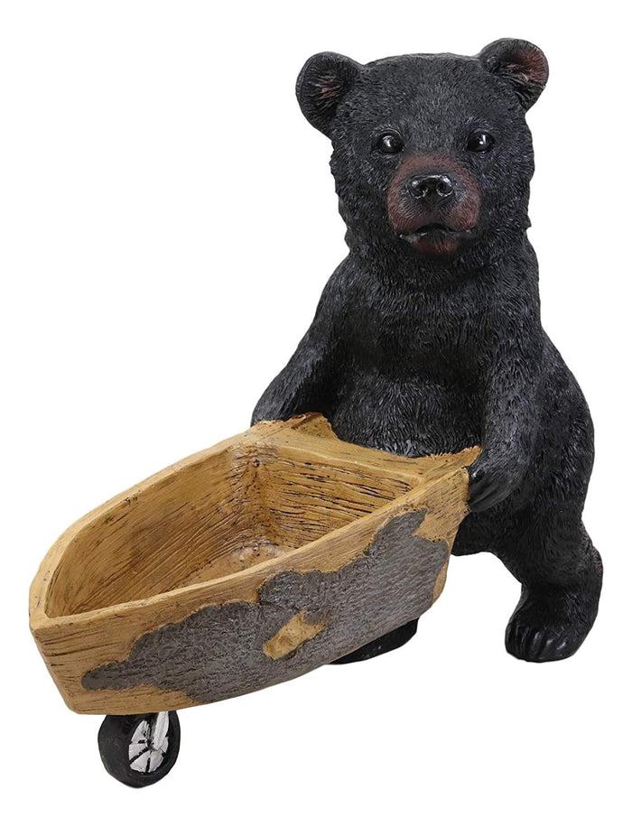 Ebros Gift Large Rustic Wildlife Black Bear Pushing Wheelbarrow Cart Flowers Or Plants Planter Statue 16.25" Long Decorative Bears Statue Cabin Lodge Mountain Lake Resort Gardening Accent Decor
