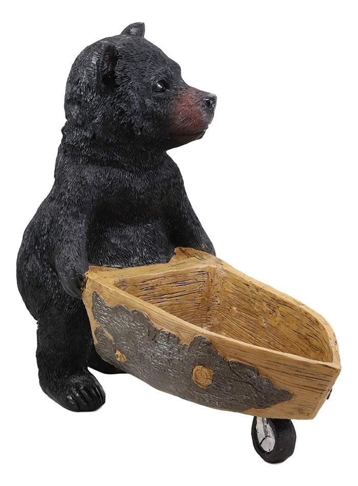 Ebros Gift Large Rustic Wildlife Black Bear Pushing Wheelbarrow Cart Flowers Or Plants Planter Statue 16.25" Long Decorative Bears Statue Cabin Lodge Mountain Lake Resort Gardening Accent Decor