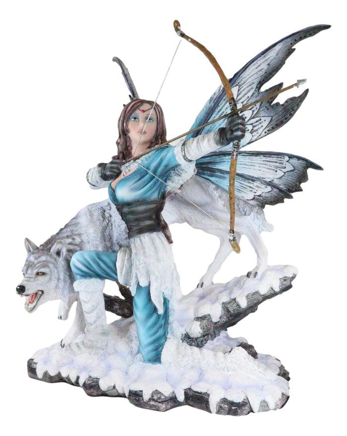 Ebros Gift Large Snowcap Winter Huntress Fairy With Bow And Arrow By Alpha Wolf Fenrir Figurine 18"H