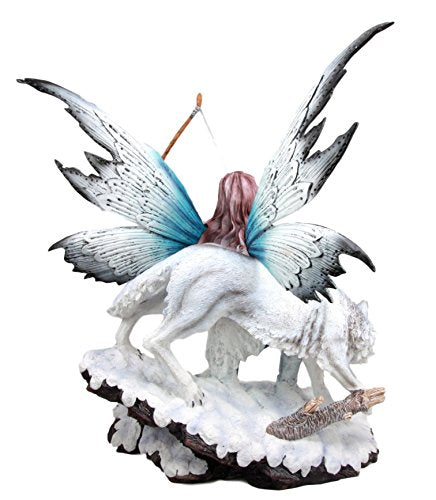 Ebros Gift Large Snowcap Winter Huntress Fairy With Bow And Arrow By Alpha Wolf Fenrir Figurine 18"H