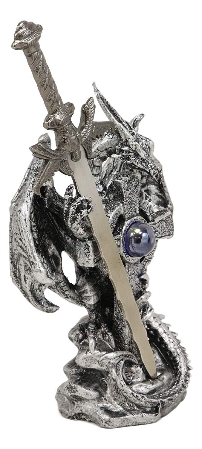 Ebros Gift Legendary Silver Dragon Guardian Of The Celtic High Cross Letter Opener Figurine Sculpture Home And Office Decorative Sculpture Medieval Renaissance Dungeons And Dragons Fantasy