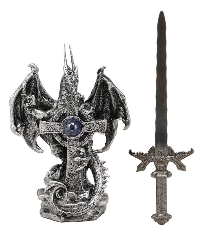 Ebros Gift Legendary Silver Dragon Guardian Of The Celtic High Cross Letter Opener Figurine Sculpture Home And Office Decorative Sculpture Medieval Renaissance Dungeons And Dragons Fantasy