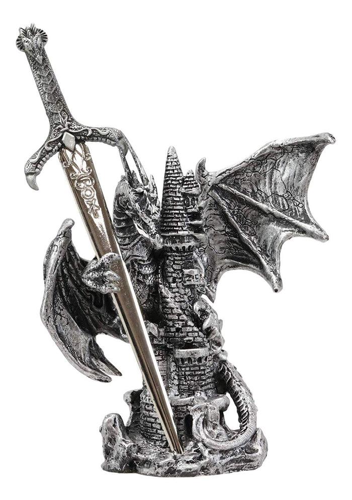 Ebros Gift Legendary Silver Dragon Protecting Castle Tower Letter Opener Figurine Sculpture Home And Office Decorative Sculpture Medieval Renaissance Dungeons And Dragons Fantasy
