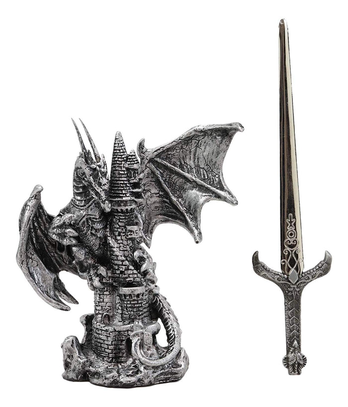 Ebros Gift Legendary Silver Dragon Protecting Castle Tower Letter Opener Figurine Sculpture Home And Office Decorative Sculpture Medieval Renaissance Dungeons And Dragons Fantasy