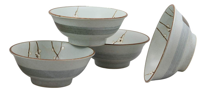 Ebros Gift Made In Japan 8.5" Dia Light Blue Plum Set Of 4 Bowls With Sakura Cherry Blossoms Design 42 Oz Ramen Pho Noodles Soup Serving Bowl Kitchen Dining