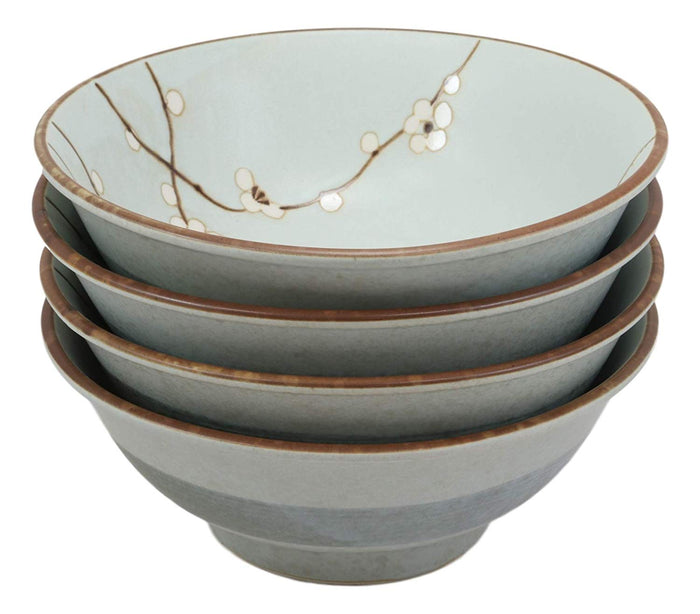 Ebros Gift Made In Japan 8.5" Dia Light Blue Plum Set Of 4 Bowls With Sakura Cherry Blossoms Design 42 Oz Ramen Pho Noodles Soup Serving Bowl Kitchen Dining