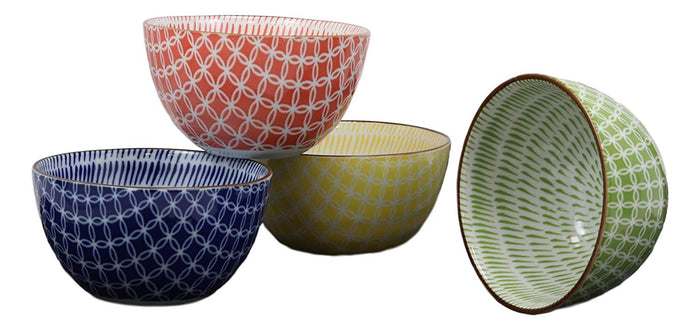 Ebros Gift Made In Japan Assorted Colorful Porcelain Bowls Set Of 4 Rice Salad Miso Soup Ice Cream Appetizer Bowl 5"Dia Japanese Aesthetic Geometry Decor Meal Dining Bowls