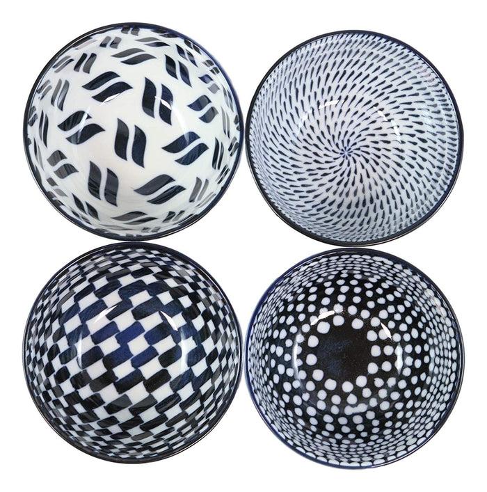 Ebros Gift Made In Japan Stylish Symmetry Contemporary Design 5"Diameter 16oz Porcelain Bowls Set Of 4 For Salad Ramen Pho Soup Cereal Home And Kitchen Decorative Bowl Gift Set (Blue Patterns)