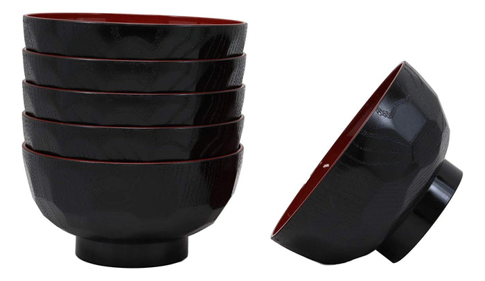 Ebros Gift Made In Japan Traditional Small Black Red Lacquer Copolymer Plastic Bowl For Rice Salad Miso Soup 4.5"Dia 6oz Japanese Restaurant Supply Bowls Home Kitchen (Dotted Ridged Pattern 6)