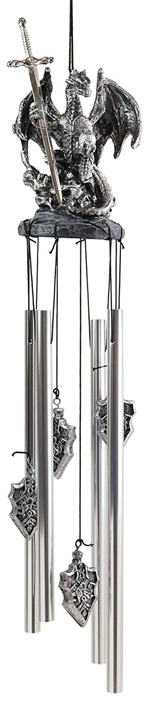 Ebros Gift Medieval Silver Dragon Holding Excalibur Sword And Orb Figurine Crown Top Resonant Wind Chime Garden Patio Home Fantasy Dungeons And Dragons Accent Decor