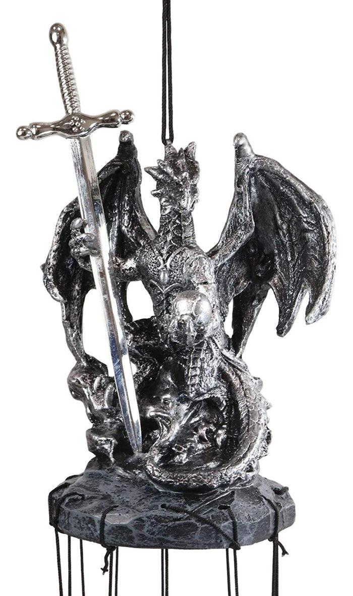 Ebros Gift Medieval Silver Dragon Holding Excalibur Sword And Orb Figurine Crown Top Resonant Wind Chime Garden Patio Home Fantasy Dungeons And Dragons Accent Decor