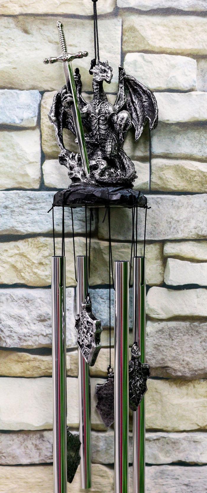 Ebros Gift Medieval Silver Dragon Holding Excalibur Sword And Orb Figurine Crown Top Resonant Wind Chime Garden Patio Home Fantasy Dungeons And Dragons Accent Decor
