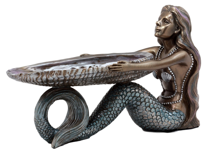 Ebros Gift Mermaid Holding Abalone Shell Platter Jewelry Dish Figurine 9"L Art Nouveau Soap Dish Key Holder Multi Function Decor