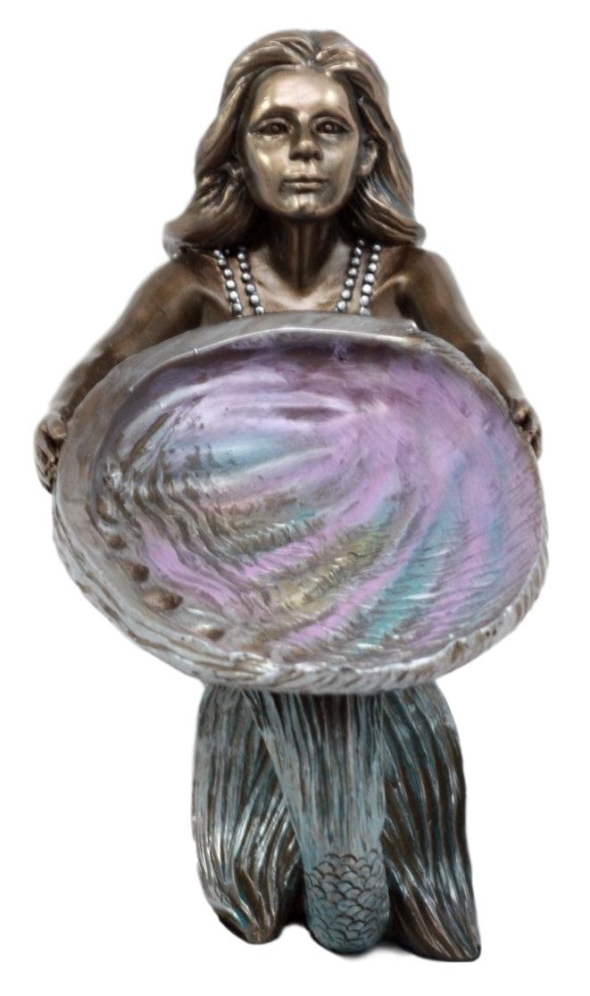 Ebros Gift Mermaid Holding Abalone Shell Platter Jewelry Dish Figurine 9"L Art Nouveau Soap Dish Key Holder Multi Function Decor