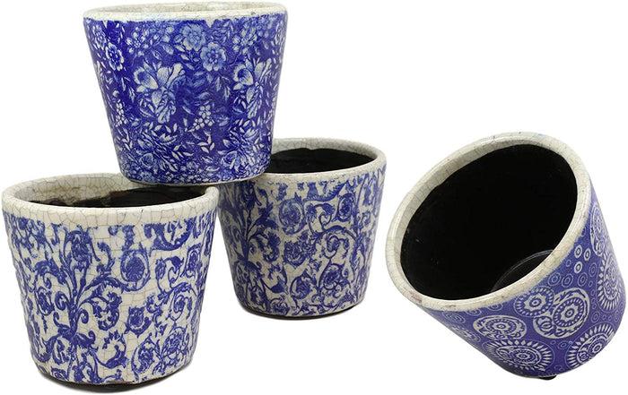 Ebros Gift Ming Dynasty Style Royal Blue And White Terracotta Ceramic Small Floral Design Pot Planters Set Of 4 Planter Pots Lawn Outdoor Pool Patio Garden Accent Earthenware 4.75" High