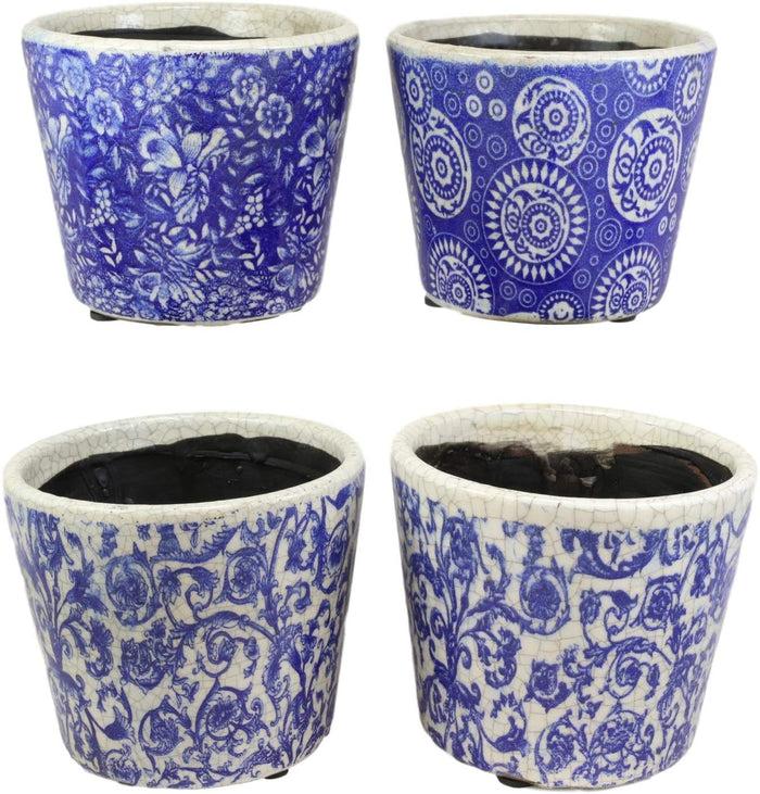 Ebros Gift Ming Dynasty Style Royal Blue And White Terracotta Ceramic Small Floral Design Pot Planters Set Of 4 Planter Pots Lawn Outdoor Pool Patio Garden Accent Earthenware 4.75" High