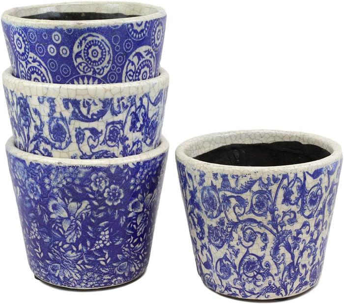 Ebros Gift Ming Dynasty Style Royal Blue And White Terracotta Ceramic Small Floral Design Pot Planters Set Of 4 Planter Pots Lawn Outdoor Pool Patio Garden Accent Earthenware 4.75" High