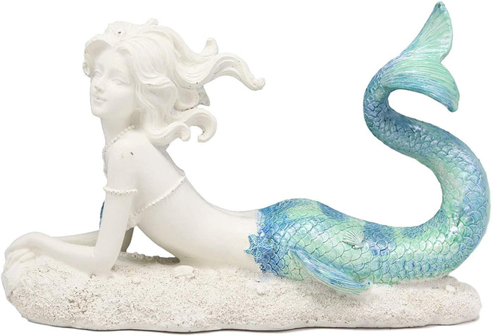 Ebros Gift Nautical Capiz Blue Tailed Siren Mermaid With Seashell And Starfish Statue Ocean Aquamarine Princess Coastal Beach Under The Sea Decorative Accent (Resting On Seabed)