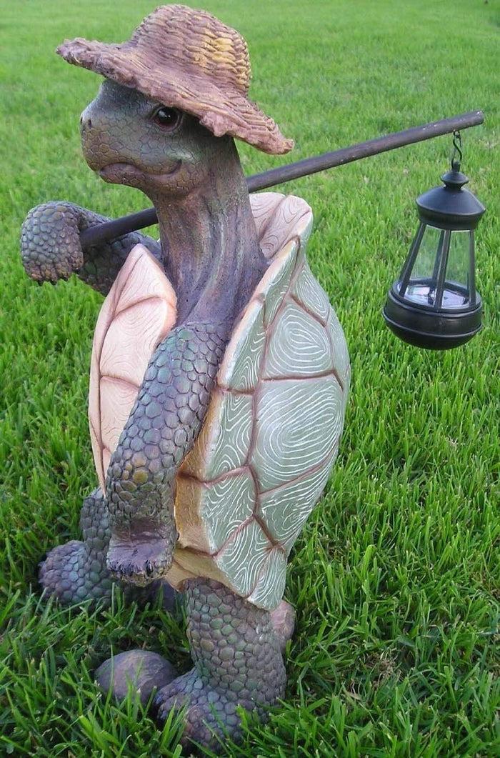Ebros Gift Nautical Nature Lover Adventure Hiking Tortoise With Straw Hat Statue Carrying Solar Powered Lantern LED Light On A Pole Turtle Garden Yard Pool Patio Deck Home Decorative Accent