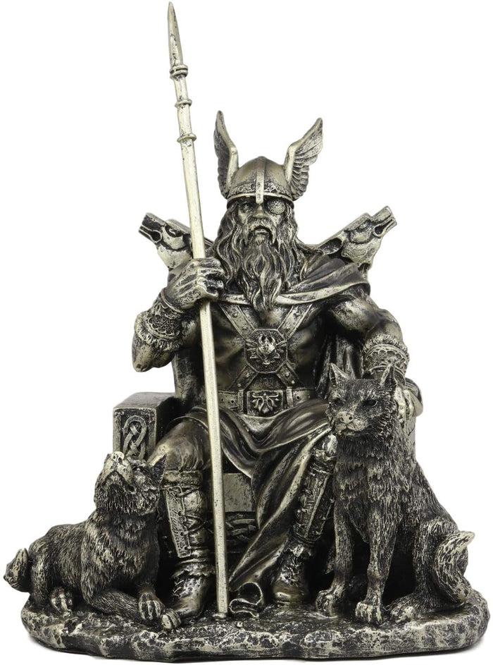 Ebros Gift Norse Viking Mythology Odin The Alfather Sitting On A Throne With Two Wolf Dogs Statue Norselandic Folklore Thor Ragnarok Trilogy Wotan Decorative Figurine 10.5" High