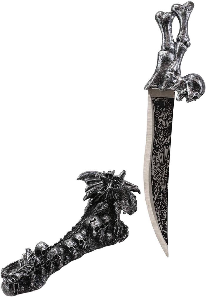 Ebros Gift Obsidian Athame Dragon Blade Letter Opener With Skull Base Stand Set