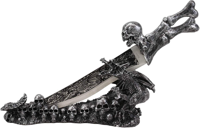 Ebros Gift Obsidian Athame Dragon Blade Letter Opener With Skull Base Stand Set