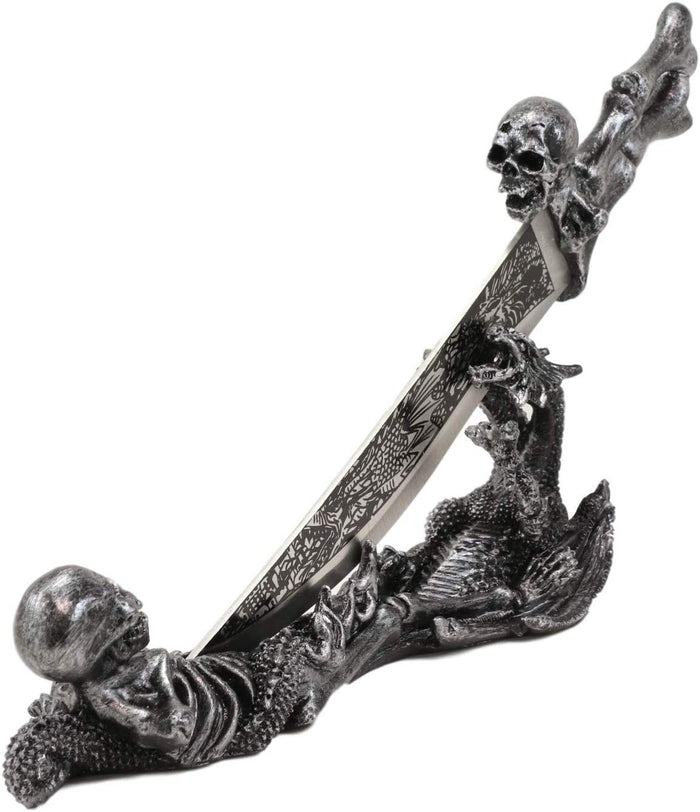 Ebros Gift Obsidian Athame Dragon Blade Letter Opener With Skeleton Base Stand