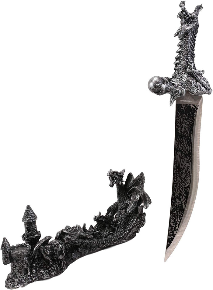 Ebros Gift Obsidian Athame Dragon Blade Letter Opener With Castle Base Stand Set