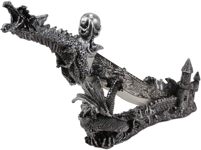 Ebros Gift Obsidian Athame Dragon Blade Letter Opener With Castle Base Stand Set