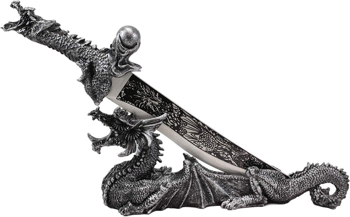 Ebros Gift Obsidian Athame Dragon Blade Letter Opener With Drake Base Stand Set