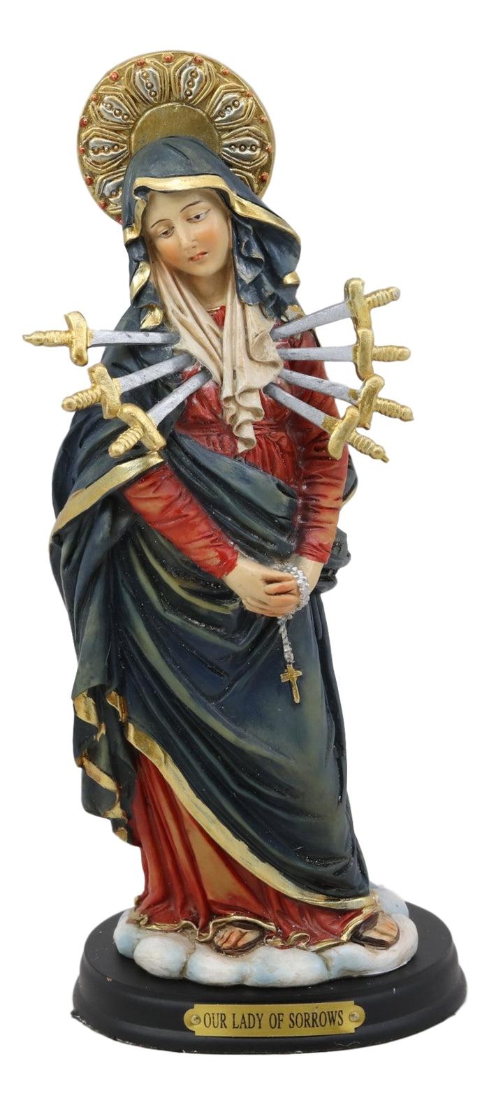 Ebros Gift Our Lady Of Seven Sorrows Mater Dolorosa Standing Blessed Virgin Mary Statue On Pedestal Base With Brass Inscription 8.5" Tall Figurine