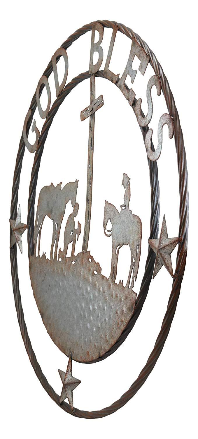 Ebros Gift Oversized 24" Wide Vintage Rustic Round Sign Braided Rope Galvanized Metal Circle Wall Decor (Praying Cowboys God Bless)