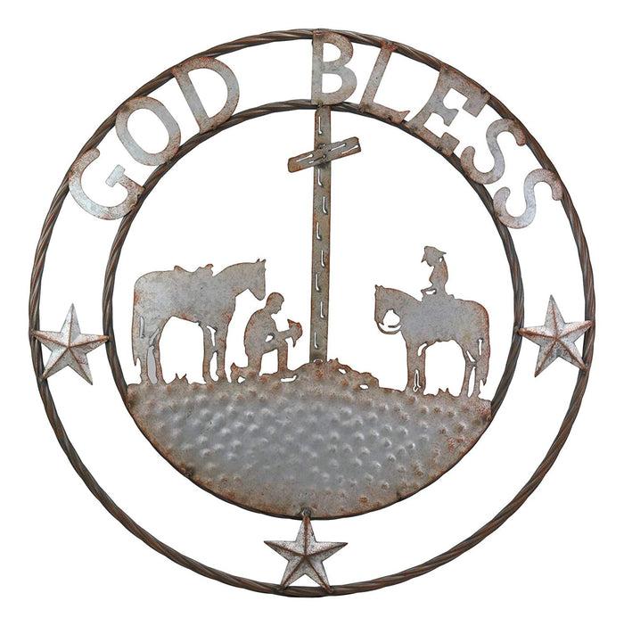 Ebros Gift Oversized 24" Wide Vintage Rustic Round Sign Braided Rope Galvanized Metal Circle Wall Decor (Praying Cowboys God Bless)