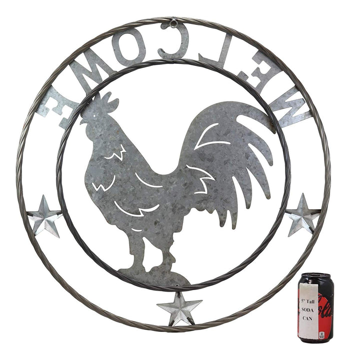 Ebros Gift Oversized 24" Wide Vintage Rustic Round Sign Braided Rope Galvanized Metal Circle Wall Decor 3D Art Greeting Plaque (Rooster Chicken Welcome)