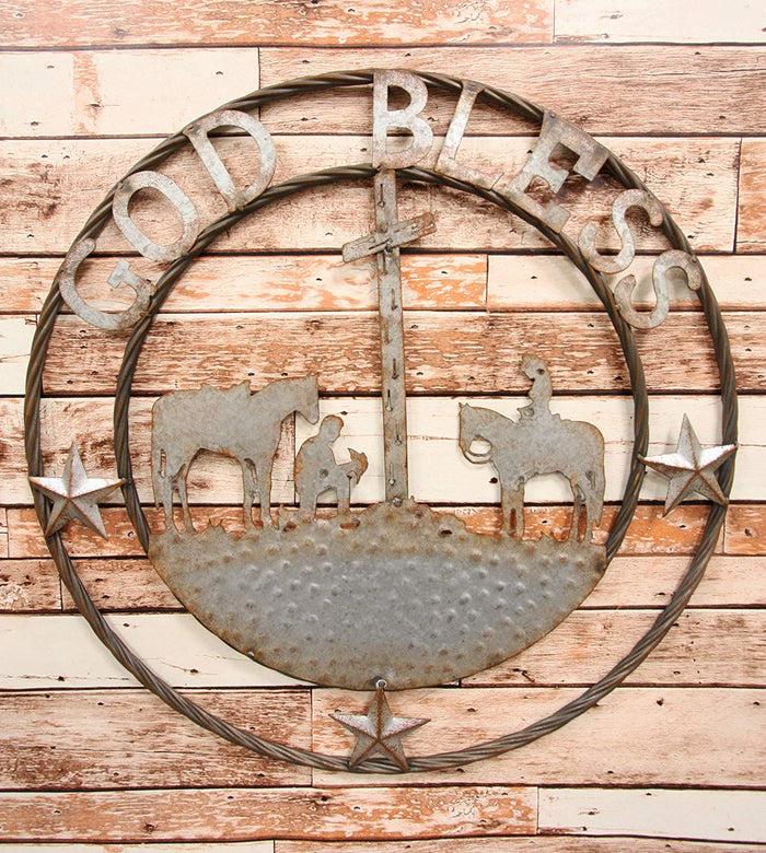 Ebros Gift Oversized 24" Wide Vintage Rustic Round Sign Braided Rope Galvanized Metal Circle Wall Decor (Praying Cowboys God Bless)