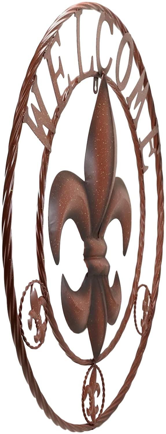 Ebros Gift Oversized 25" Wide Vintage Rustic Fleur De Lis Symbol With Welcome Sign Braided Metal Aluminum Circle Wall Decor 3D Art Greeting Plaque Inspirational Western Country