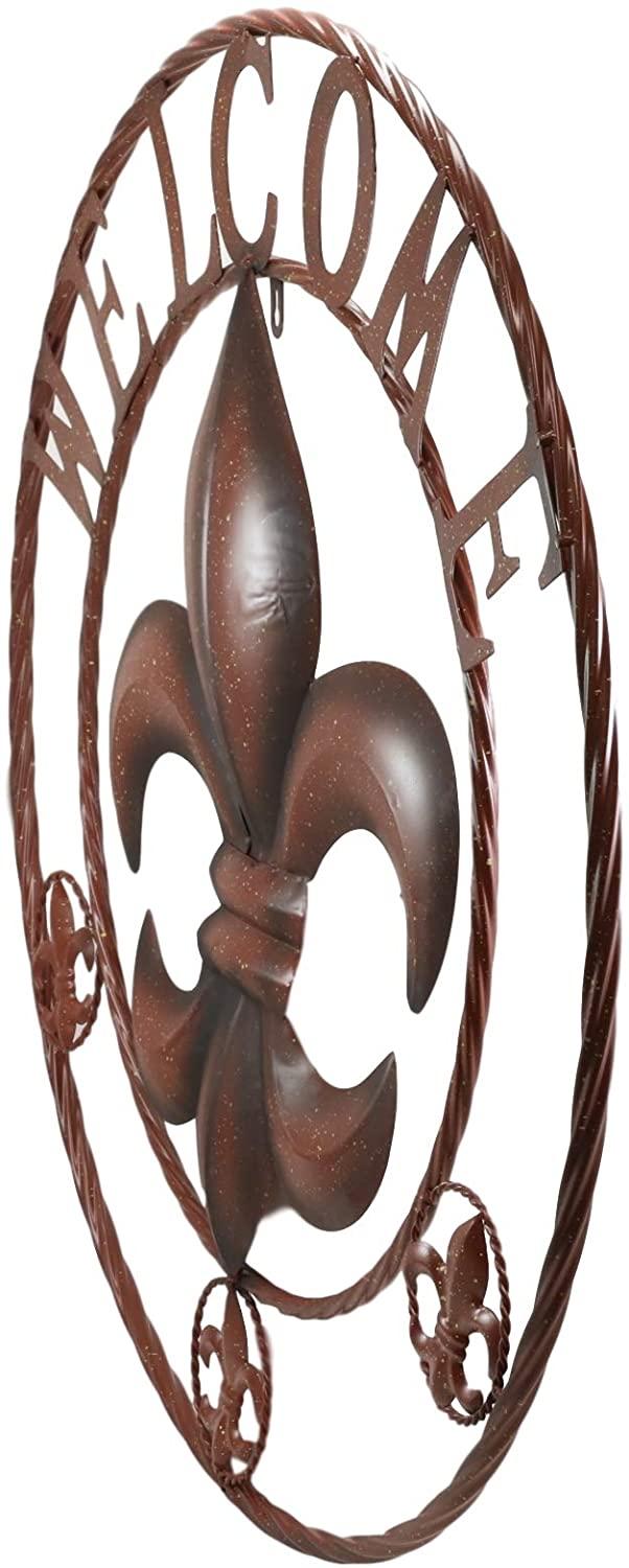 Ebros Gift Oversized 25" Wide Vintage Rustic Fleur De Lis Symbol With Welcome Sign Braided Metal Aluminum Circle Wall Decor 3D Art Greeting Plaque Inspirational Western Country