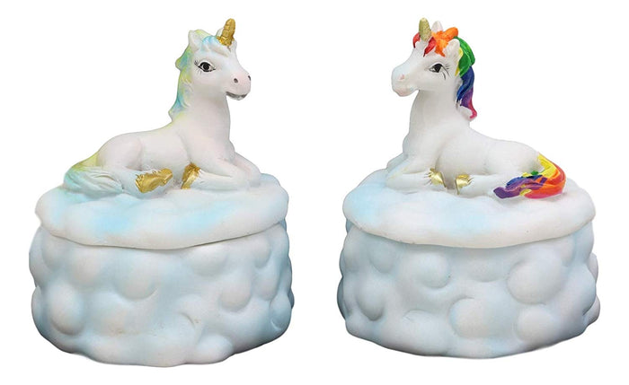 Ebros Gift Pastel Colors Rainbow Mane Unicorns Sitting On Dreamy Clouds Round Jewelry Box Statue 2 Pc Set Small Decor Figurine 3.25" H Enchanted Unicorn Magical Collectible Decorative Trinket