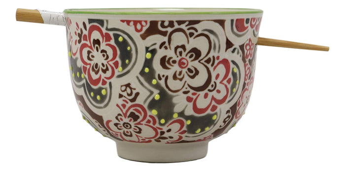 Ebros Gift Persian Summer Colorful Floral Blossoms Ramen Udong Noodles 5" Diameter Bowl With Built In Chopsticks Rest And Bamboo Chopstick Set For Dining Soup Rice Meal Bowls Decor Kitchen