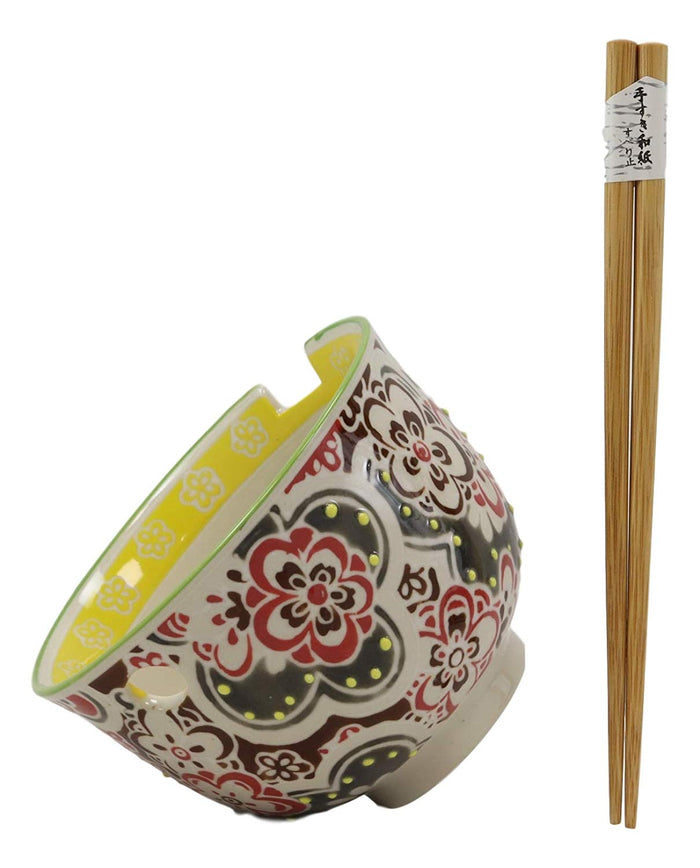 Ebros Gift Persian Summer Colorful Floral Blossoms Ramen Udong Noodles 5" Diameter Bowl With Built In Chopsticks Rest And Bamboo Chopstick Set For Dining Soup Rice Meal Bowls Decor Kitchen