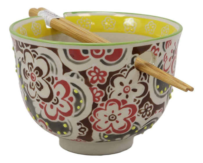 Ebros Gift Persian Summer Colorful Floral Blossoms Ramen Udong Noodles 5" Diameter Bowl With Built In Chopsticks Rest And Bamboo Chopstick Set For Dining Soup Rice Meal Bowls Decor Kitchen
