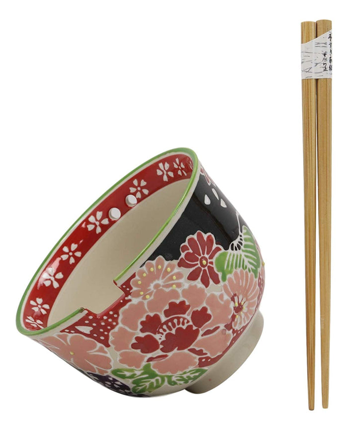 Ebros Gift Pink Fuchsia Floral Blossoms Ramen Udong Noodles 5" Diameter Bowl With Built In Chopsticks Rest And Bamboo Chopstick Set For Dining Soup Rice Meal Cereal Bowls Decor