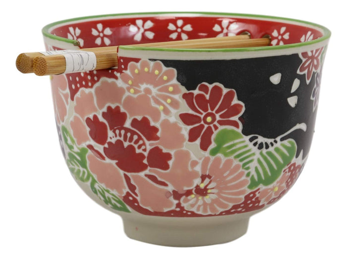 Ebros Gift Pink Fuchsia Floral Blossoms Ramen Udong Noodles 5" Diameter Bowl With Built In Chopsticks Rest And Bamboo Chopstick Set For Dining Soup Rice Meal Cereal Bowls Decor