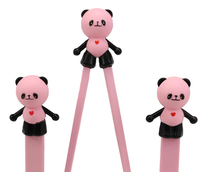 Ebros Gift Pink Panda With Heart Reusable Training Chopsticks With Animated Food Safe Silicone Helper Hinge Guide With Matching Spoon And Fork Set For Sushi Noodles Rice For Adults And Kids Gift Pack